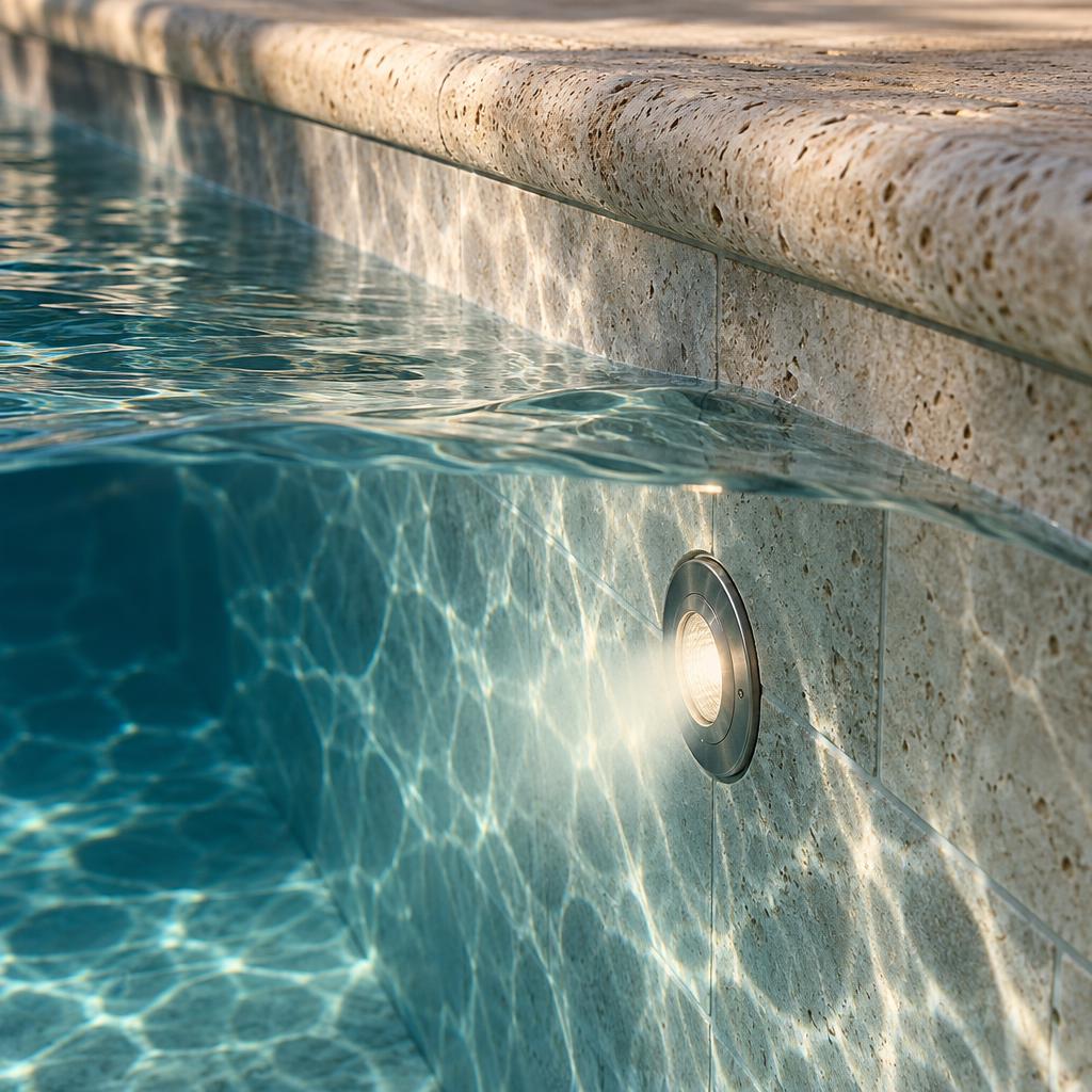 Refletor de LED embutido na parede da piscina, iluminando a água e as pedras claras