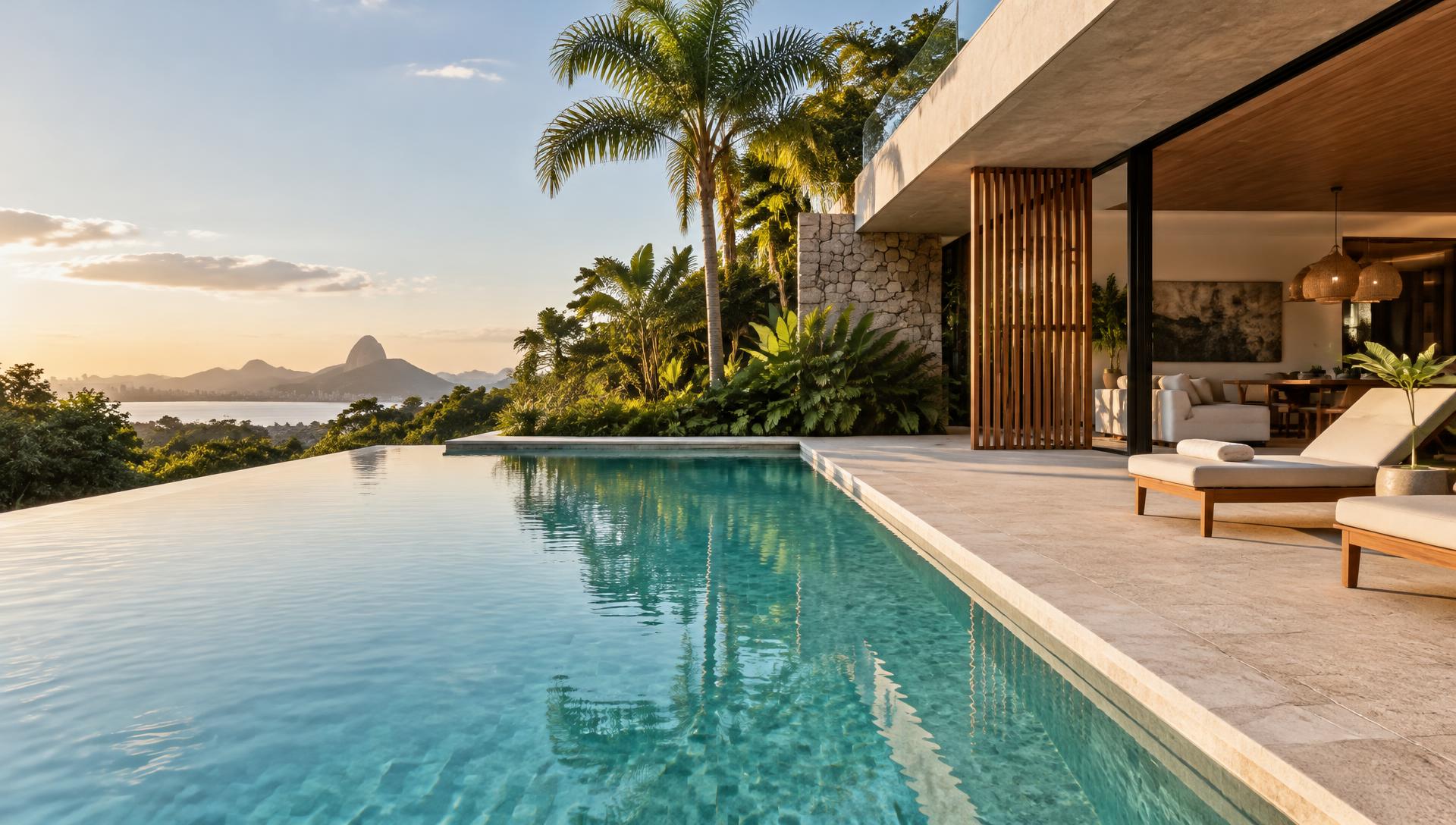 Piscina residencial contemporânea com água em primeiro plano, deck de pedra e vegetação