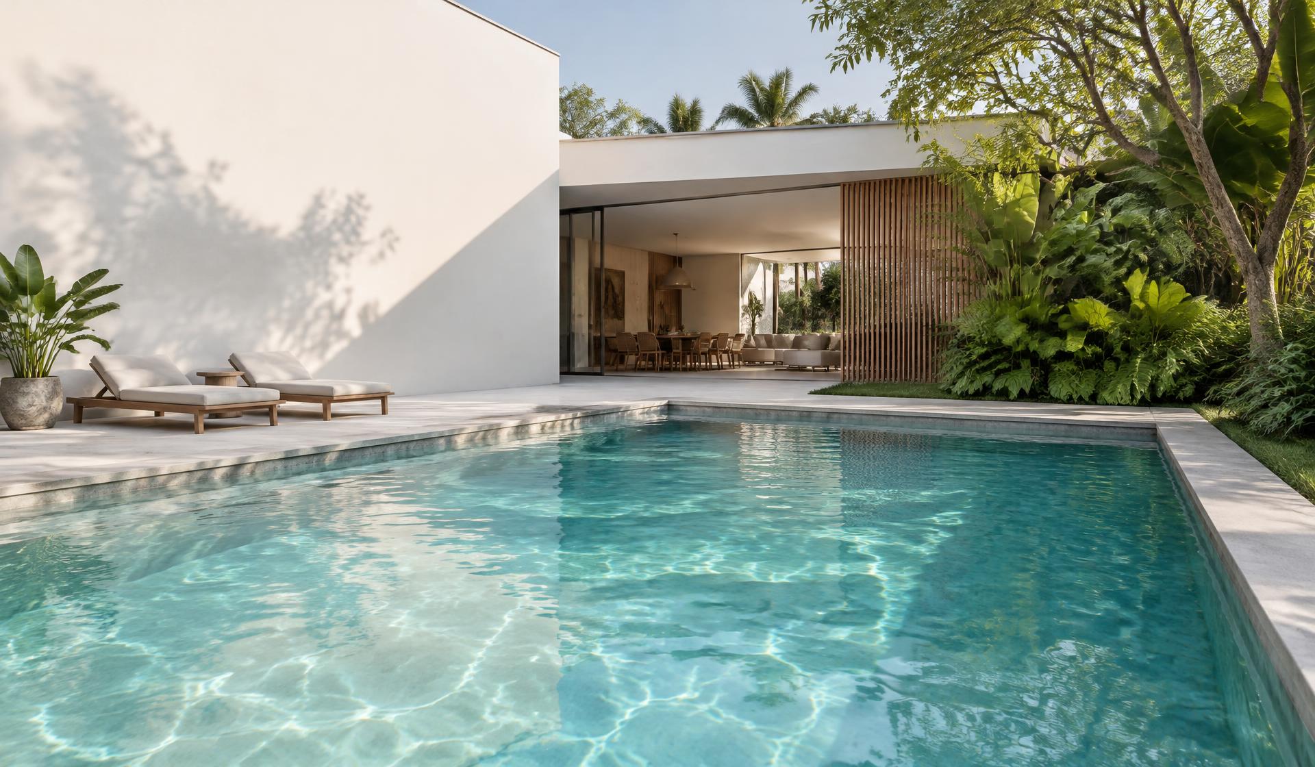 Piscina de casa de condomínio integrada à arquitetura