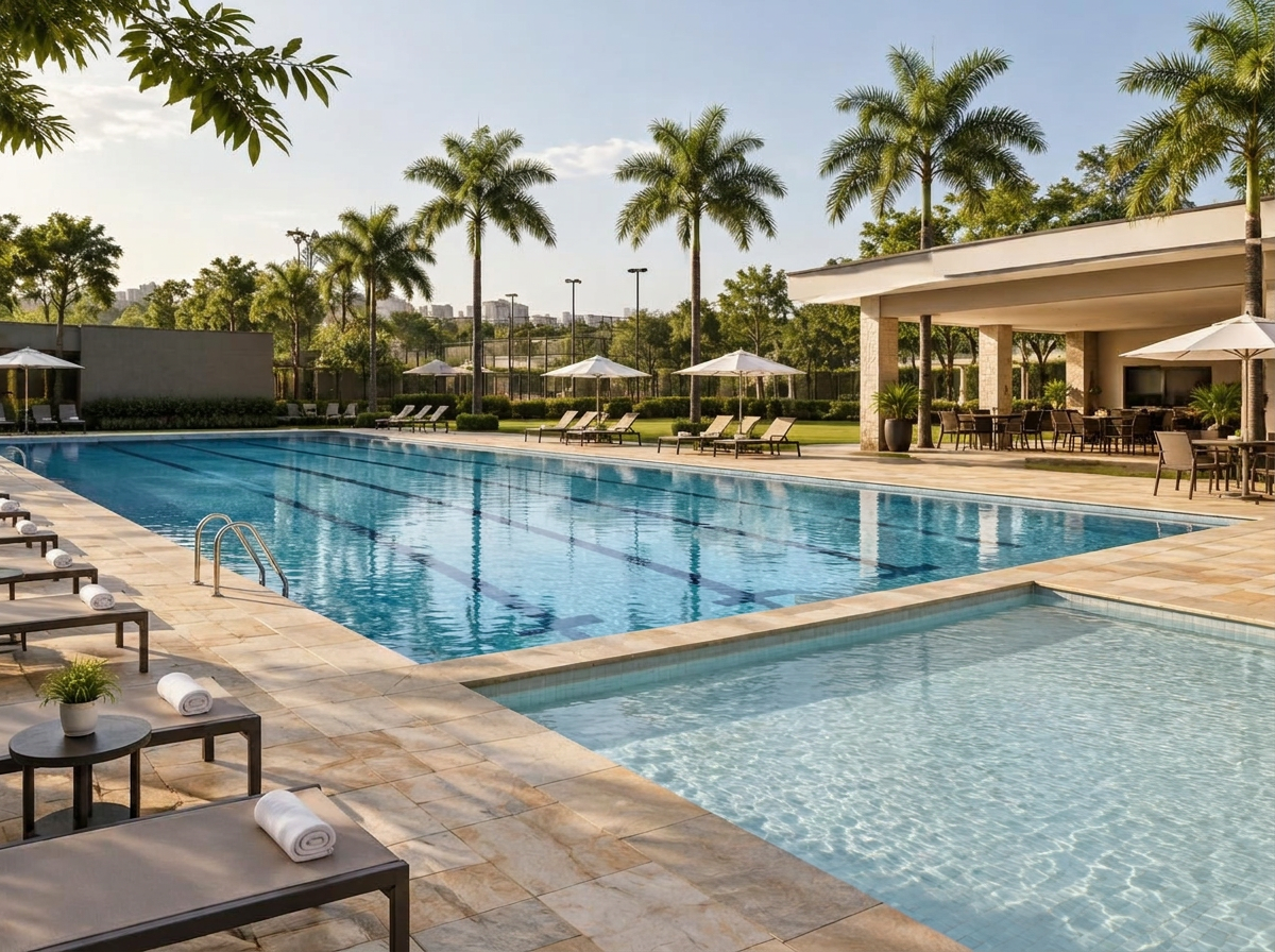 Piscina de clube com raias, área infantil, espreguiçadeiras e pavilhão