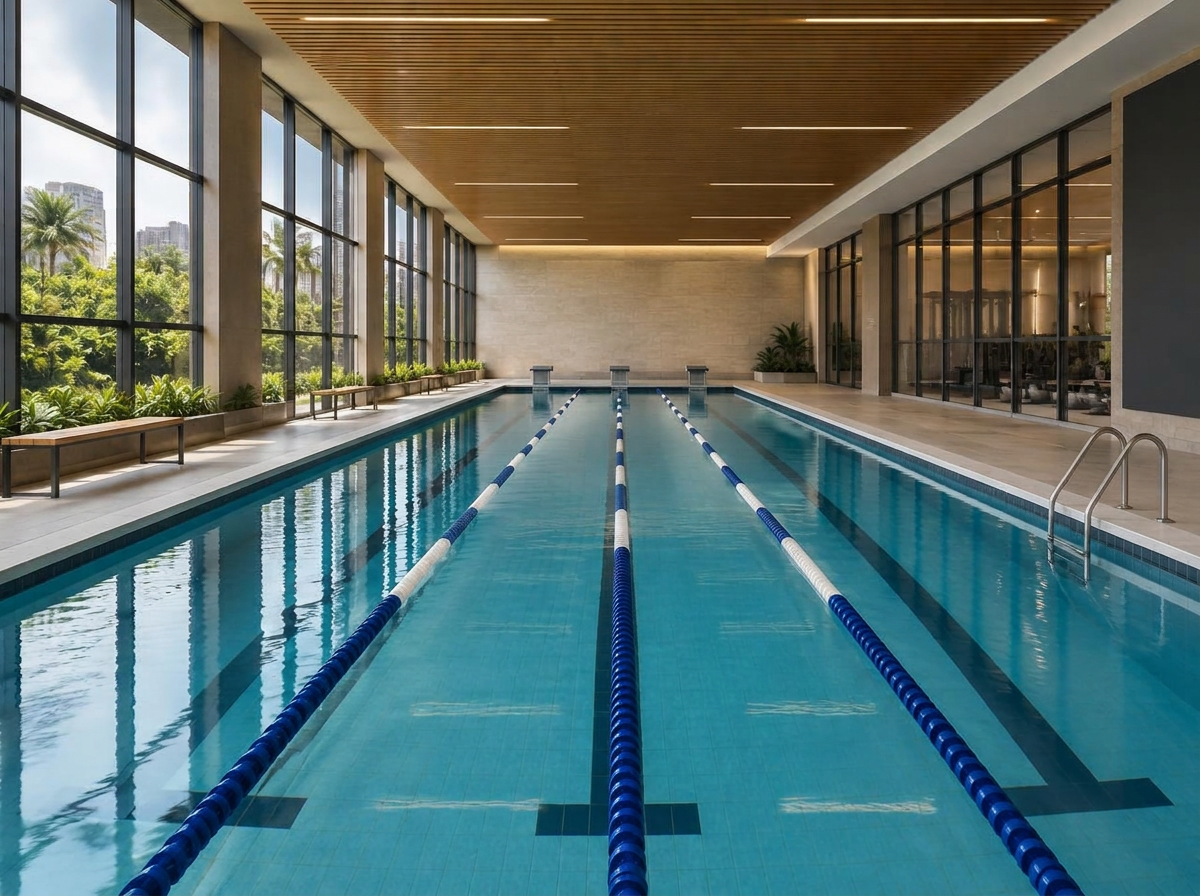 Piscina coberta de natação com raias em academia
