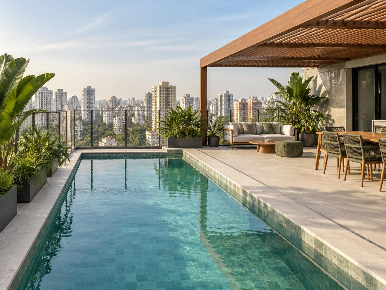 Piscina em terraço privativo de cobertura com pergolado e vista para prédios